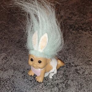 Vintage Russ Crawling Baby Troll with Bunny Ears, Diaper and Bib, Easter, EUC